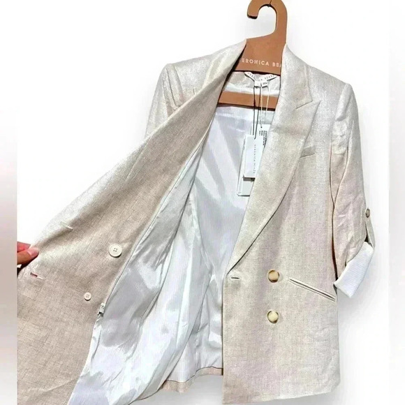 NWT Veronica Beard Parineti Linen Metallic Cream Silver Dickey Blazer Jacket 2 - Picture 7 of 16